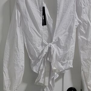 Fashion Nova White Tie-Front Long Sleeve Blouse